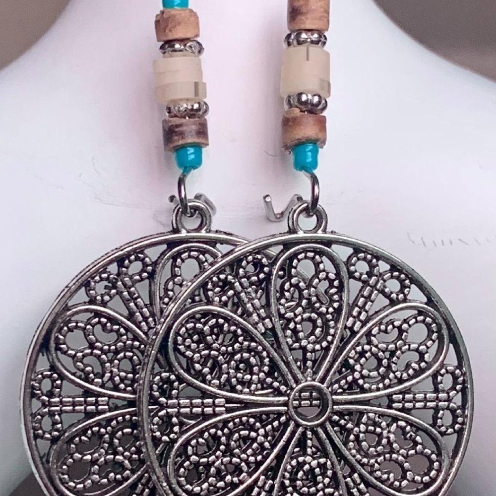 Round Silver Flower Filigree Turquoise Tan Brown Beaded Boho Dangle Earrings New